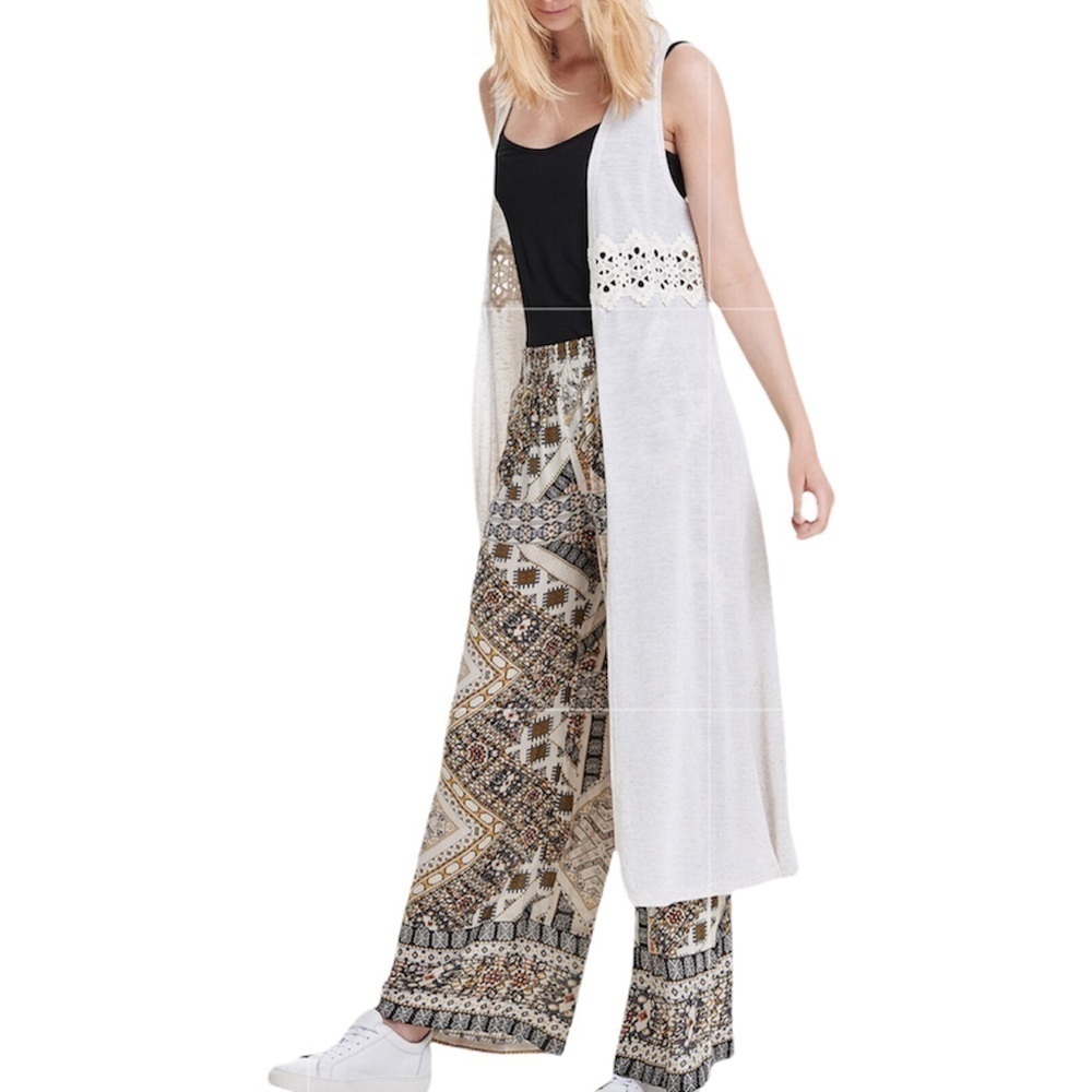 Only LONG DETAILED WAISTCOAT linen blend crochet lace vest cardigan XS